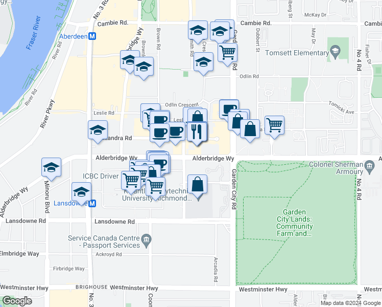 map of restaurants, bars, coffee shops, grocery stores, and more near 8580 Alexandra Road in Richmond