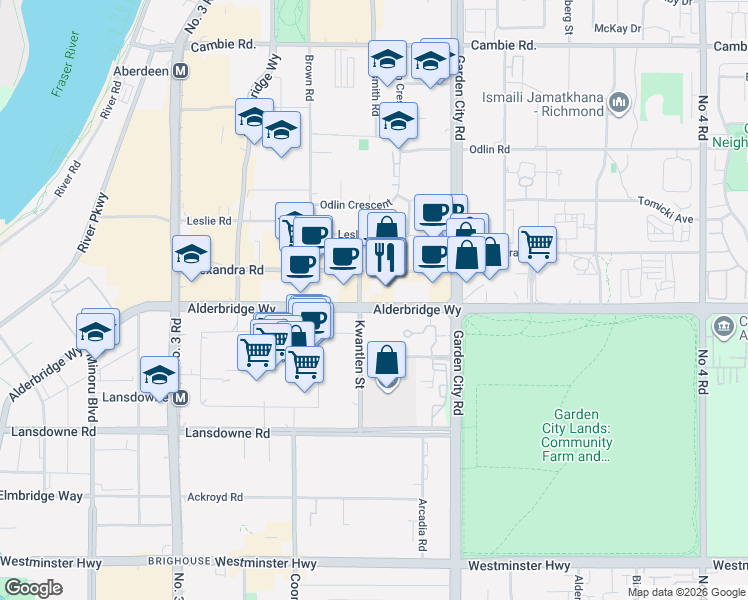 map of restaurants, bars, coffee shops, grocery stores, and more near 8580 Alexandra Road in Richmond
