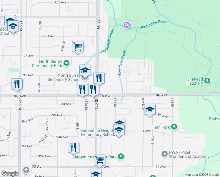 map of restaurants, bars, coffee shops, grocery stores, and more near 16072 96A Avenue in Surrey