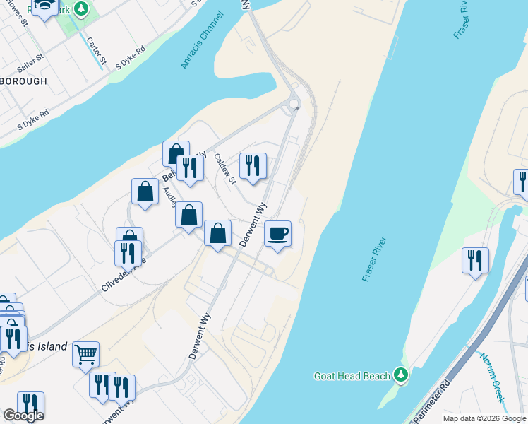 map of restaurants, bars, coffee shops, grocery stores, and more near 706 Derwent Way in Delta