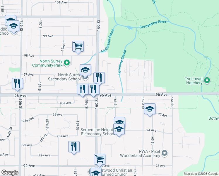 map of restaurants, bars, coffee shops, grocery stores, and more near 16072 96A Avenue in Surrey