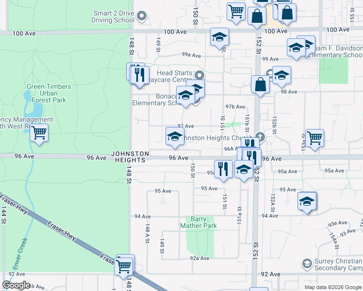 map of restaurants, bars, coffee shops, grocery stores, and more near 14962 96A Avenue in Surrey