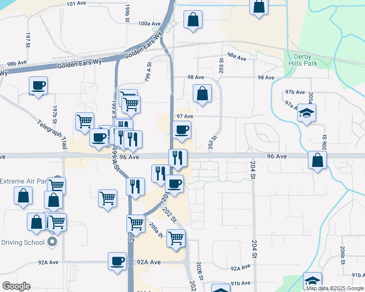 map of restaurants, bars, coffee shops, grocery stores, and more near 20167 96 Avenue in Langley