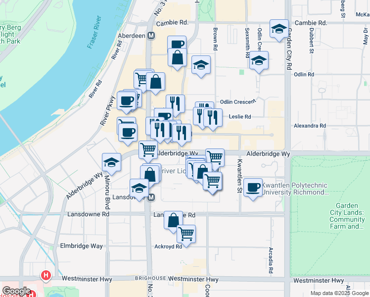 map of restaurants, bars, coffee shops, grocery stores, and more near 8191 Alderbridge Way in Richmond
