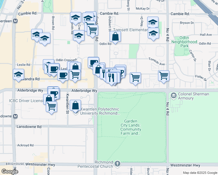 map of restaurants, bars, coffee shops, grocery stores, and more near 4777 Mcclelland Road in Richmond