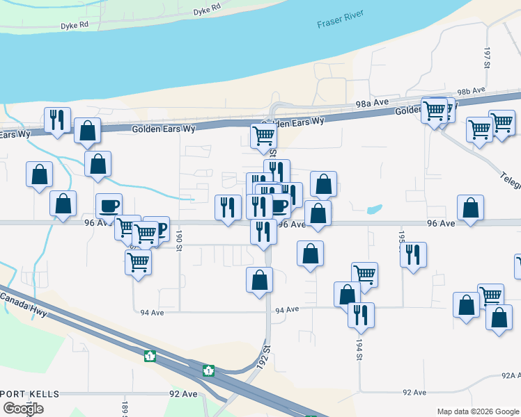 map of restaurants, bars, coffee shops, grocery stores, and more near 192 Street in Surrey