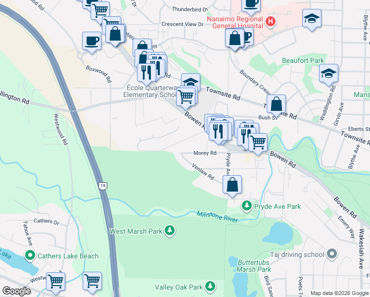 map of restaurants, bars, coffee shops, grocery stores, and more near 1622 Morey Road in Nanaimo