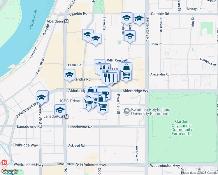 map of restaurants, bars, coffee shops, grocery stores, and more near 8191 Alderbridge Way in Richmond