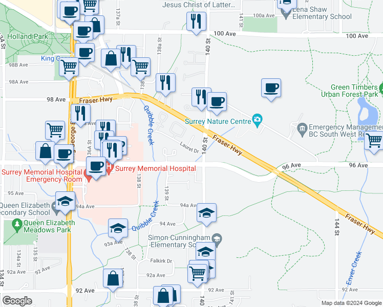 map of restaurants, bars, coffee shops, grocery stores, and more near 13968 Laurel Drive in Surrey