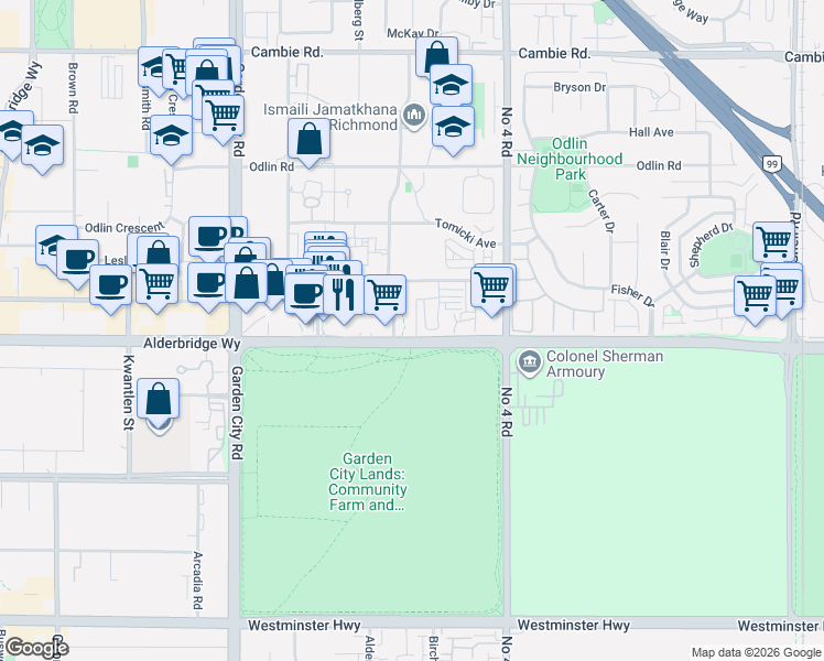 map of restaurants, bars, coffee shops, grocery stores, and more near 9560 Alexandra Road in Richmond