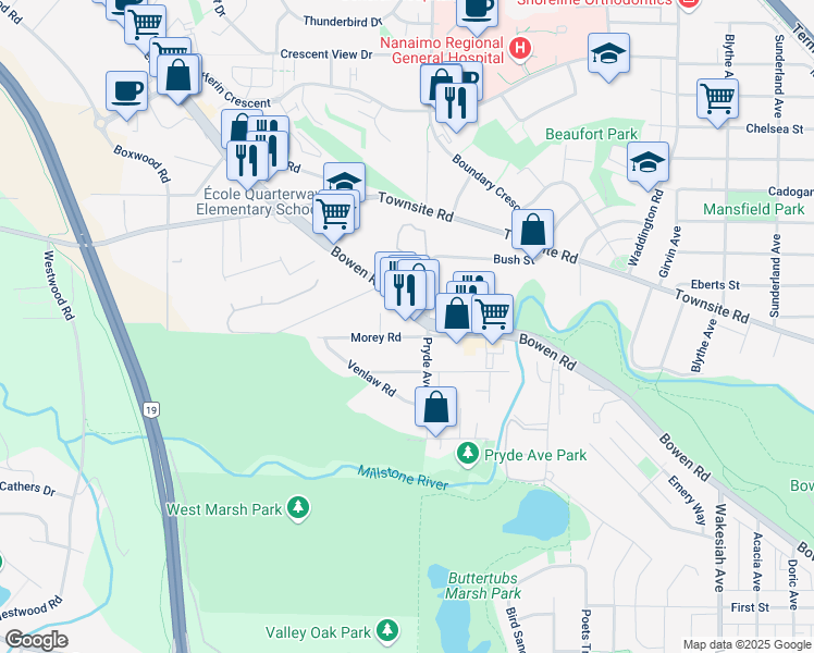 map of restaurants, bars, coffee shops, grocery stores, and more near 1601 Bowen Road in Nanaimo