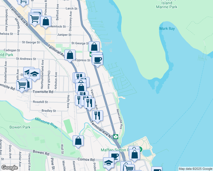 map of restaurants, bars, coffee shops, grocery stores, and more near 450 Stewart Avenue in Nanaimo
