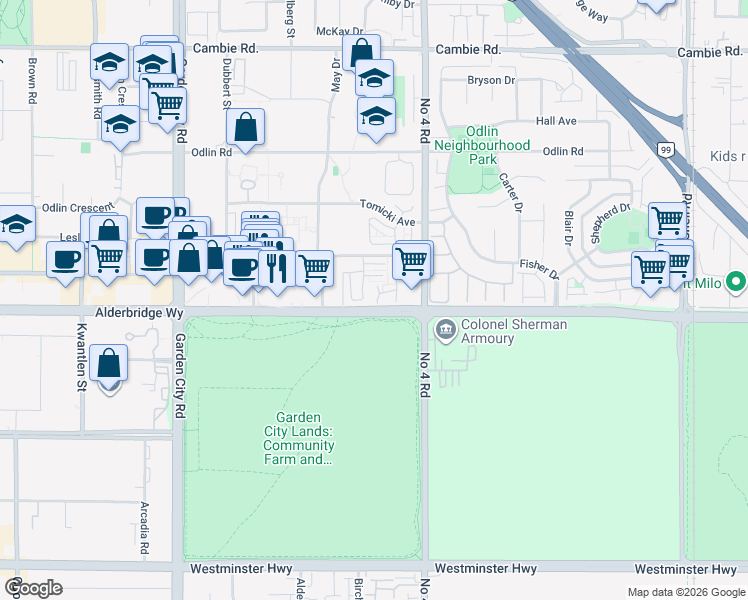 map of restaurants, bars, coffee shops, grocery stores, and more near in Richmond