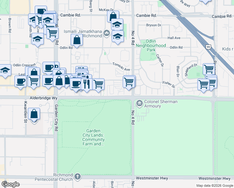 map of restaurants, bars, coffee shops, grocery stores, and more near 9728 Alexandra Road in Richmond