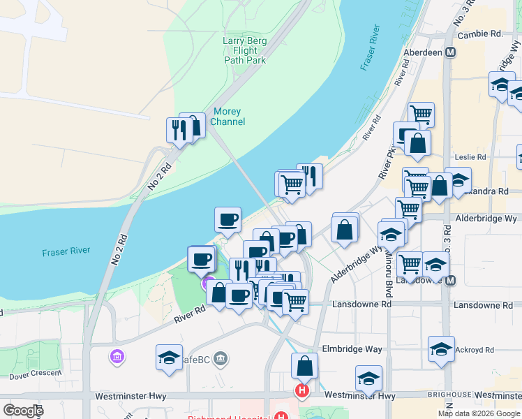 map of restaurants, bars, coffee shops, grocery stores, and more near 7011 River Road in Richmond