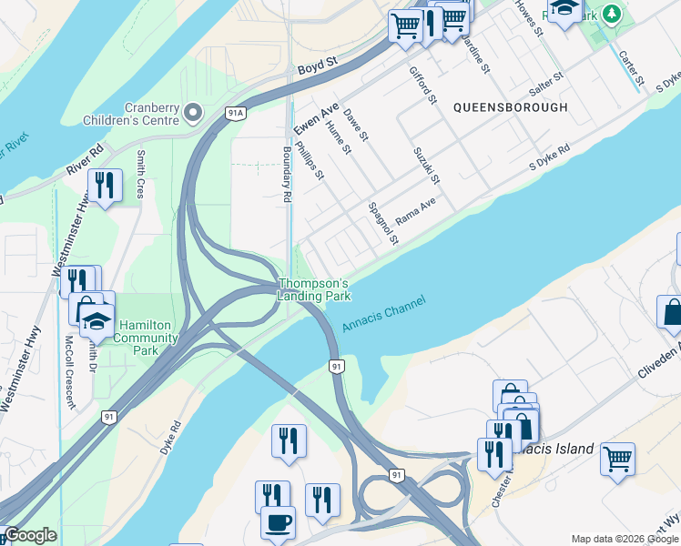 map of restaurants, bars, coffee shops, grocery stores, and more near 1465 South Dyke Road in New Westminster