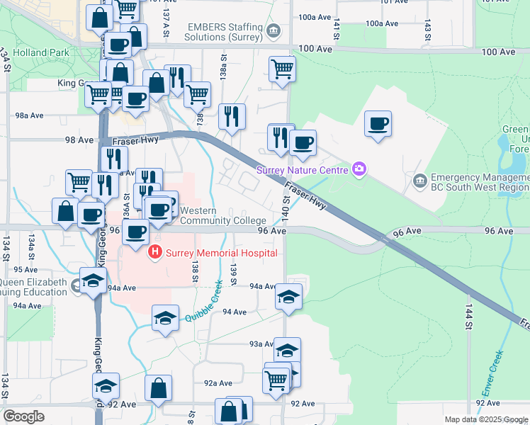 map of restaurants, bars, coffee shops, grocery stores, and more near 13968 Laurel Drive in Surrey