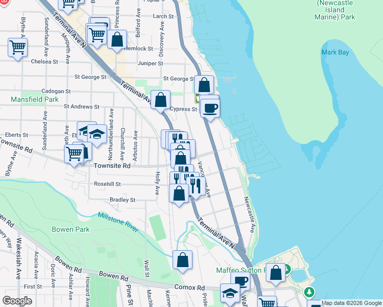 map of restaurants, bars, coffee shops, grocery stores, and more near 903-220 Townsite Road in Nanaimo