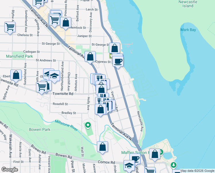 map of restaurants, bars, coffee shops, grocery stores, and more near 220 Townsite Road in Nanaimo