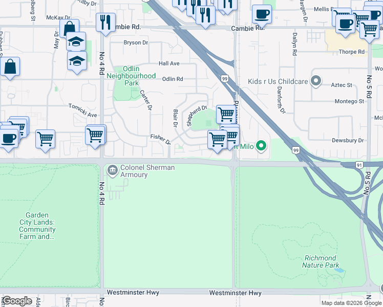 map of restaurants, bars, coffee shops, grocery stores, and more near 4811 Blair Drive in Richmond