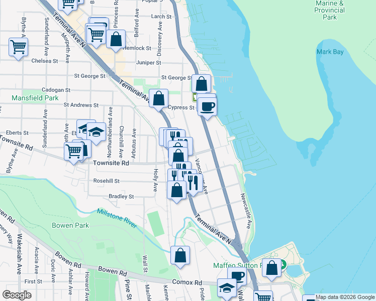 map of restaurants, bars, coffee shops, grocery stores, and more near 903-220 Townsite Road in Nanaimo