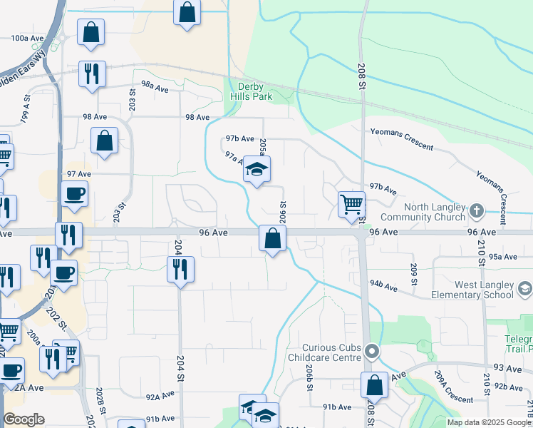 map of restaurants, bars, coffee shops, grocery stores, and more near 20560 96A Avenue in Langley