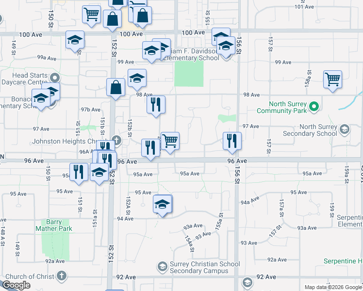 map of restaurants, bars, coffee shops, grocery stores, and more near 15410 96A Avenue in Surrey
