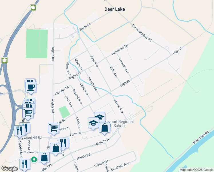 map of restaurants, bars, coffee shops, grocery stores, and more near 1 5 Avenue in Deer Lake