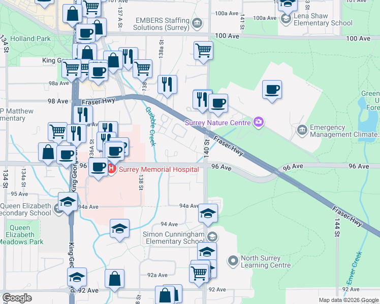 map of restaurants, bars, coffee shops, grocery stores, and more near 13968 Laurel Drive in Surrey