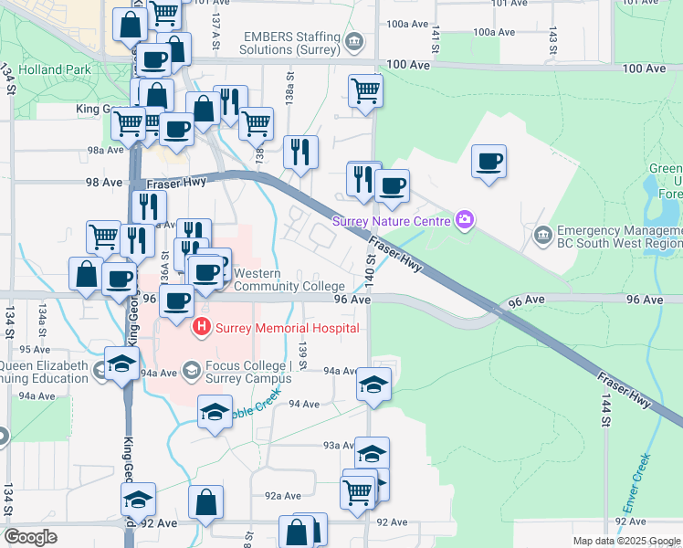 map of restaurants, bars, coffee shops, grocery stores, and more near 13968 Laurel Drive in Surrey