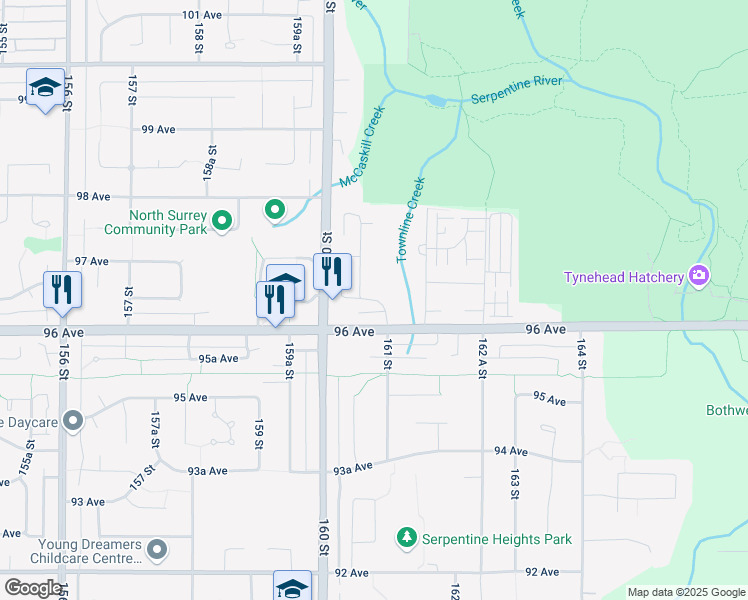 map of restaurants, bars, coffee shops, grocery stores, and more near 16072 96A Avenue in Surrey