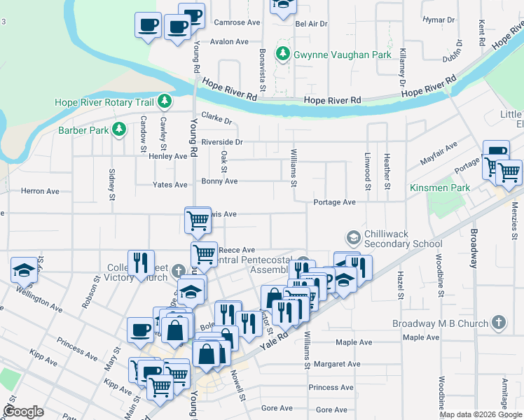 map of restaurants, bars, coffee shops, grocery stores, and more near 46117 Lewis Avenue in Chilliwack