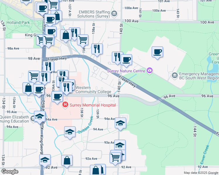 map of restaurants, bars, coffee shops, grocery stores, and more near 13952 Laurel Drive in Surrey