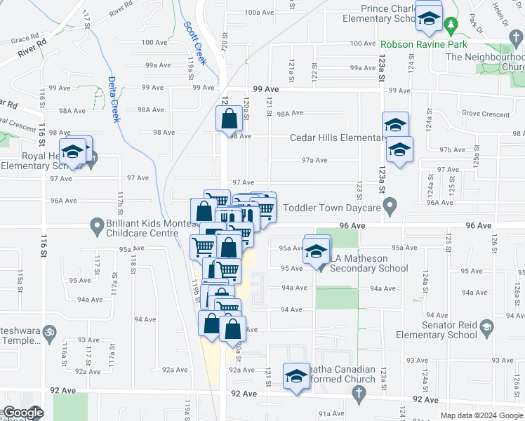 map of restaurants, bars, coffee shops, grocery stores, and more near 9635 121 Street in Surrey