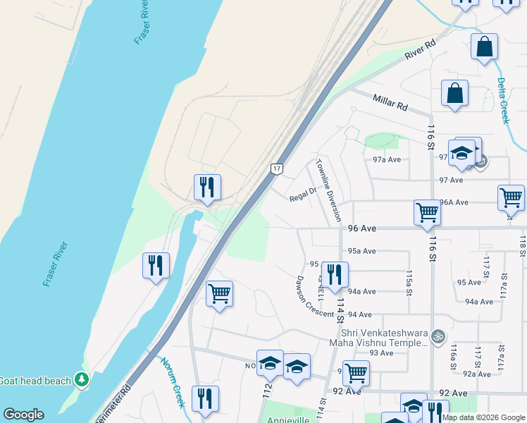 map of restaurants, bars, coffee shops, grocery stores, and more near 9650 Queens Place in Surrey