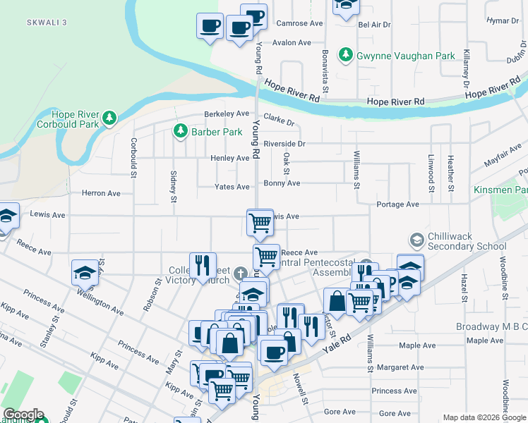 map of restaurants, bars, coffee shops, grocery stores, and more near 46008 Lewis Avenue in Chilliwack