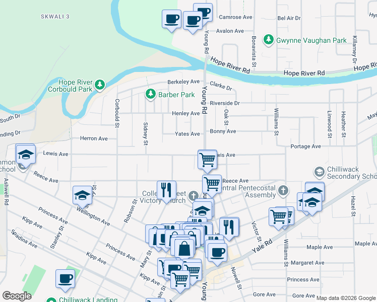 map of restaurants, bars, coffee shops, grocery stores, and more near 45925 Lewis Avenue in Chilliwack