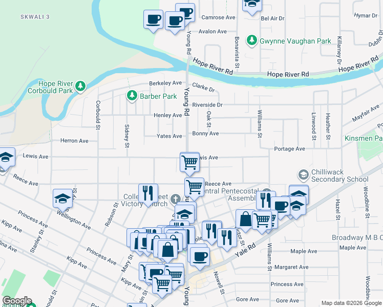 map of restaurants, bars, coffee shops, grocery stores, and more near 9660 Young Road in Chilliwack