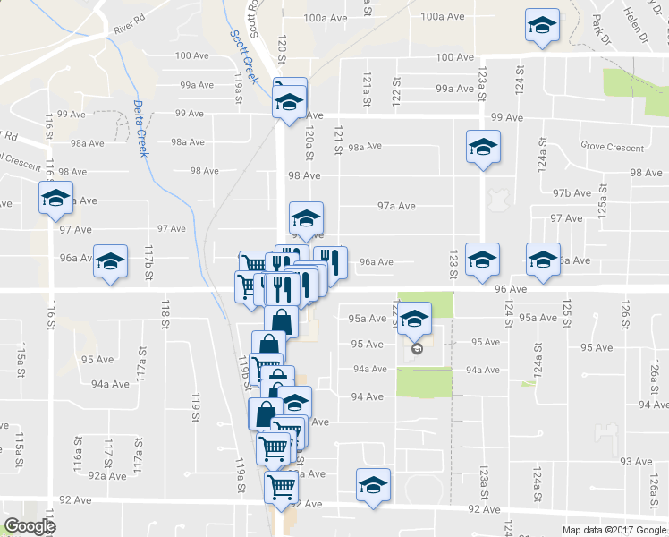 map of restaurants, bars, coffee shops, grocery stores, and more near in Surrey