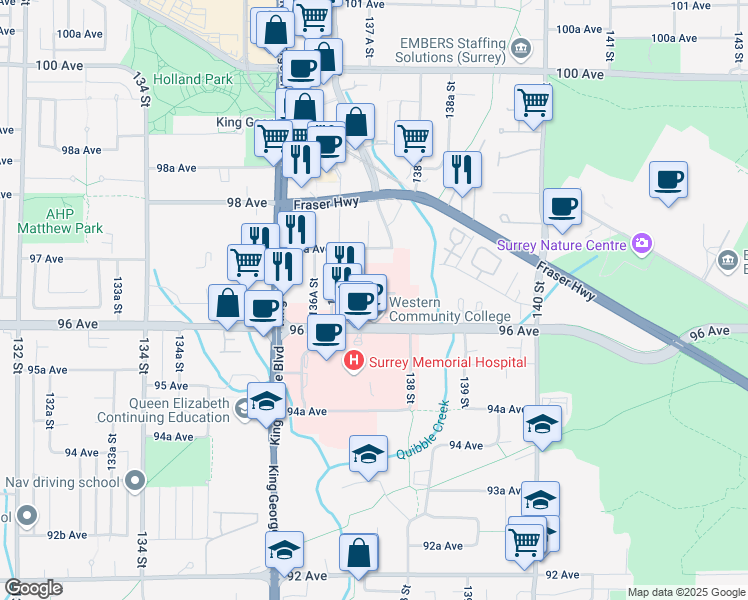 map of restaurants, bars, coffee shops, grocery stores, and more near 9650 137A Street in Surrey