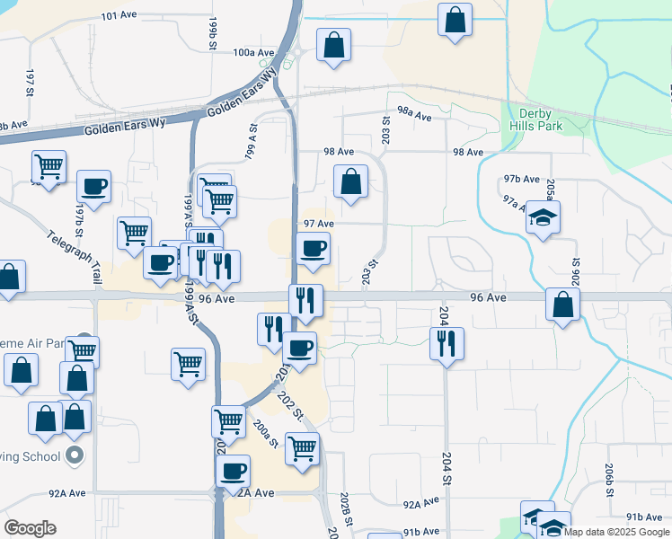 map of restaurants, bars, coffee shops, grocery stores, and more near 20167 96 Avenue in Langley