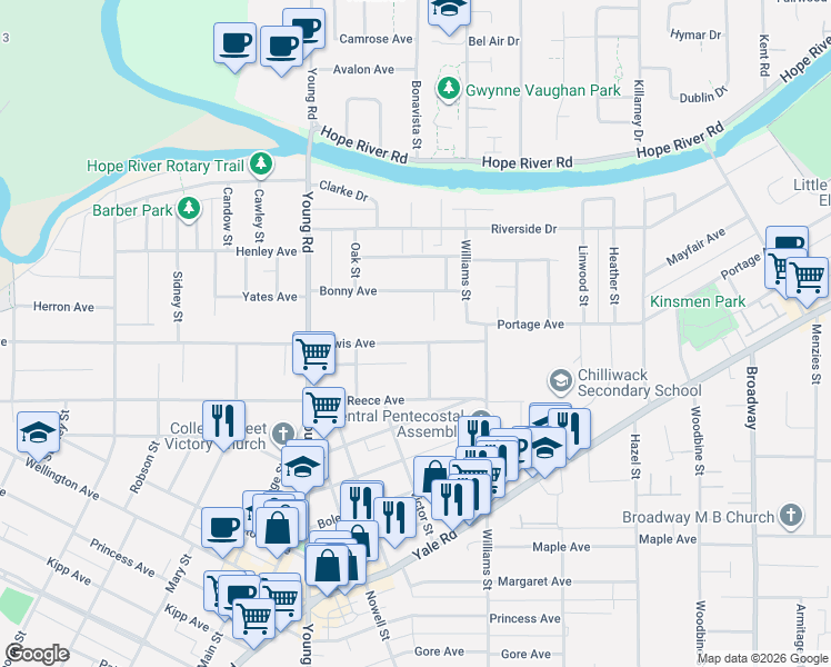 map of restaurants, bars, coffee shops, grocery stores, and more near 46117 Lewis Avenue in Chilliwack