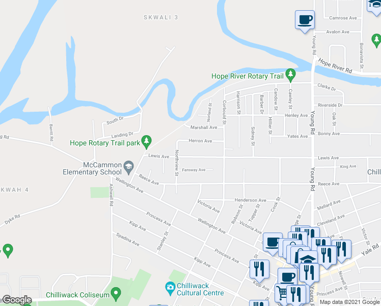 map of restaurants, bars, coffee shops, grocery stores, and more near 45595 Lewis Avenue in Chilliwack