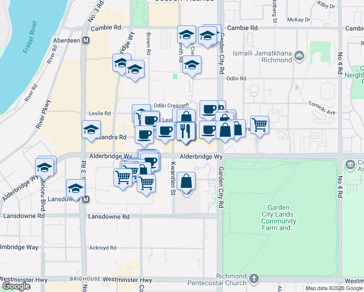 map of restaurants, bars, coffee shops, grocery stores, and more near 8580 Alexandra Road in Richmond