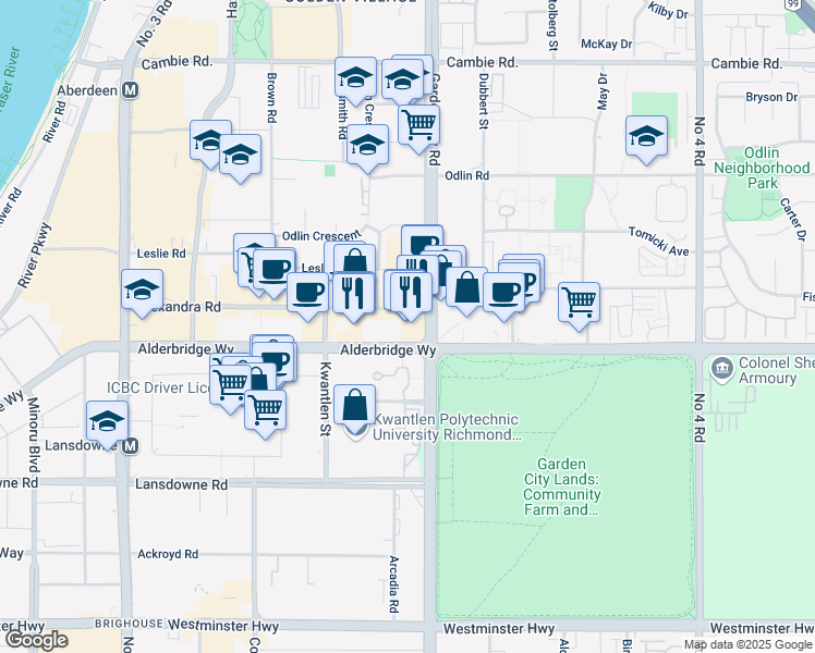 map of restaurants, bars, coffee shops, grocery stores, and more near 4751 Garden City Road in Richmond