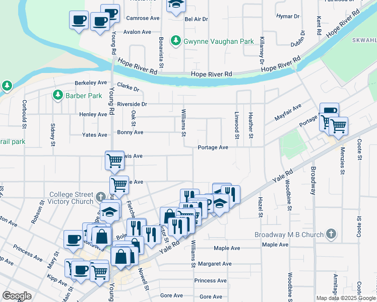 map of restaurants, bars, coffee shops, grocery stores, and more near 9665 Williams Street in Chilliwack