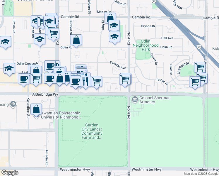 map of restaurants, bars, coffee shops, grocery stores, and more near 9680 Alexandra Road in Richmond