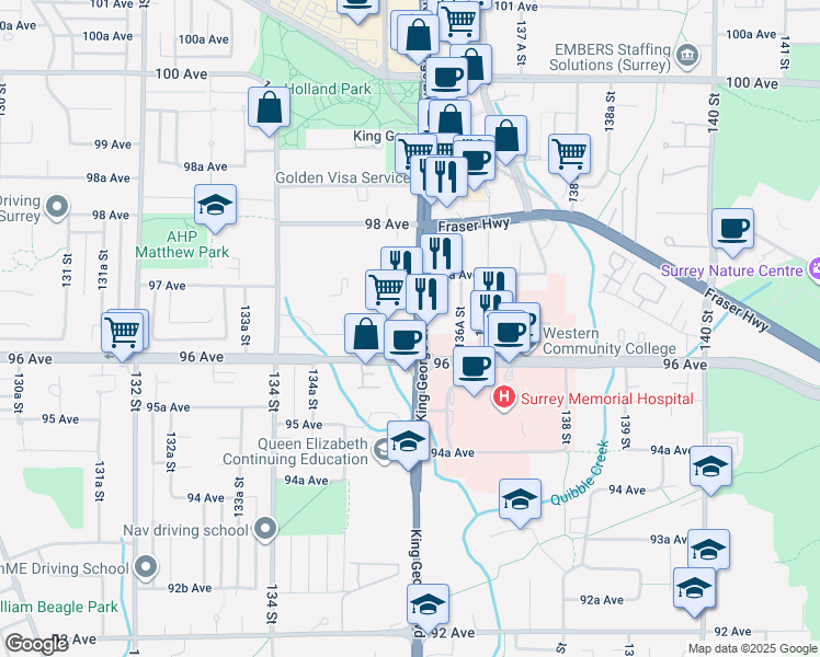 map of restaurants, bars, coffee shops, grocery stores, and more near 160 King George Boulevard in Surrey