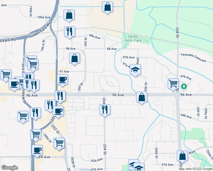 map of restaurants, bars, coffee shops, grocery stores, and more near 20391 96 Avenue in Langley Township