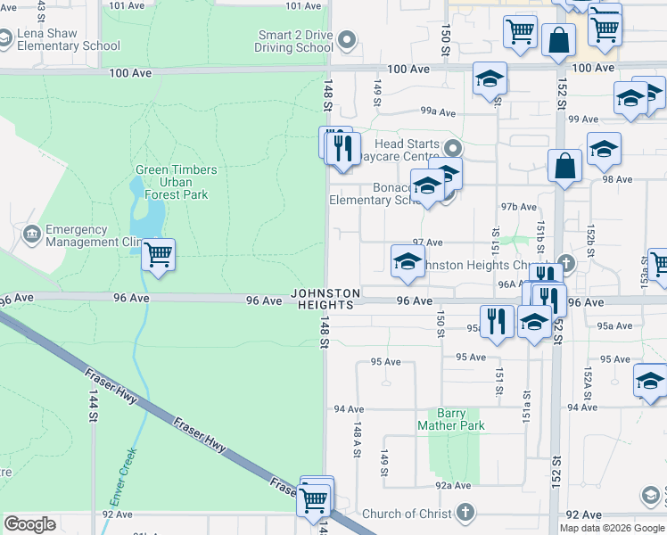 map of restaurants, bars, coffee shops, grocery stores, and more near 9688 148 Street in Surrey